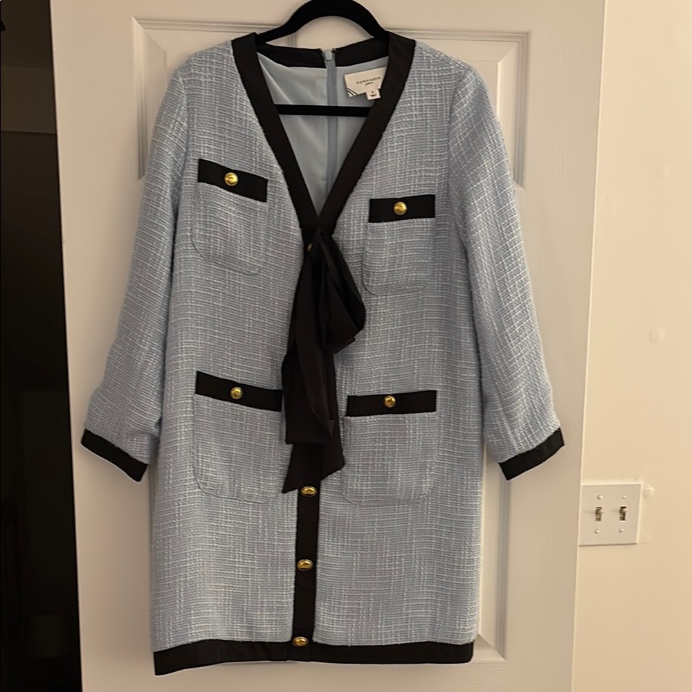 Tuckernuck Pomander Place Chic Light Blue and Black Long Coat with Gold Accents